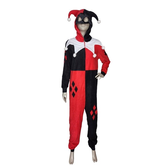 Vintage Harley Quinn DC Comics Fleece Jester Hooded Mask Cosplay Jumpsuit Med - Picture 7 of 9
